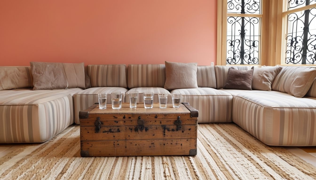 Minimalist Living Room With U-Shaped Coral Sofa And Antique Trunk