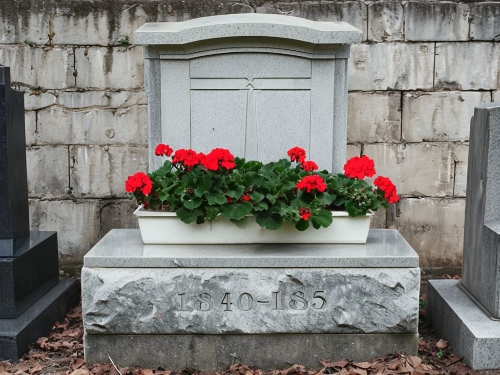 Somber Cemetery Scene Featuring Gray Tomb and Red Geraniums