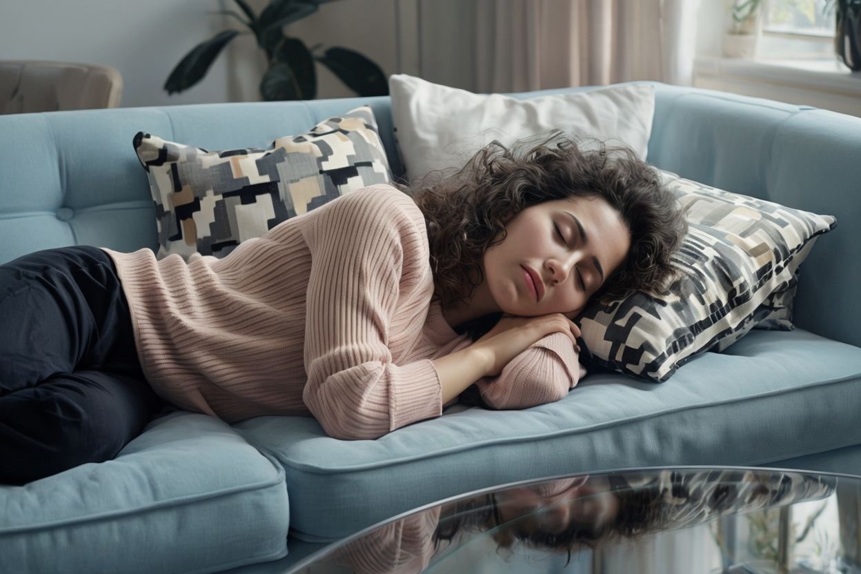 Woman Reclining on Light Blue-Gray Sofa in Relaxed State-min